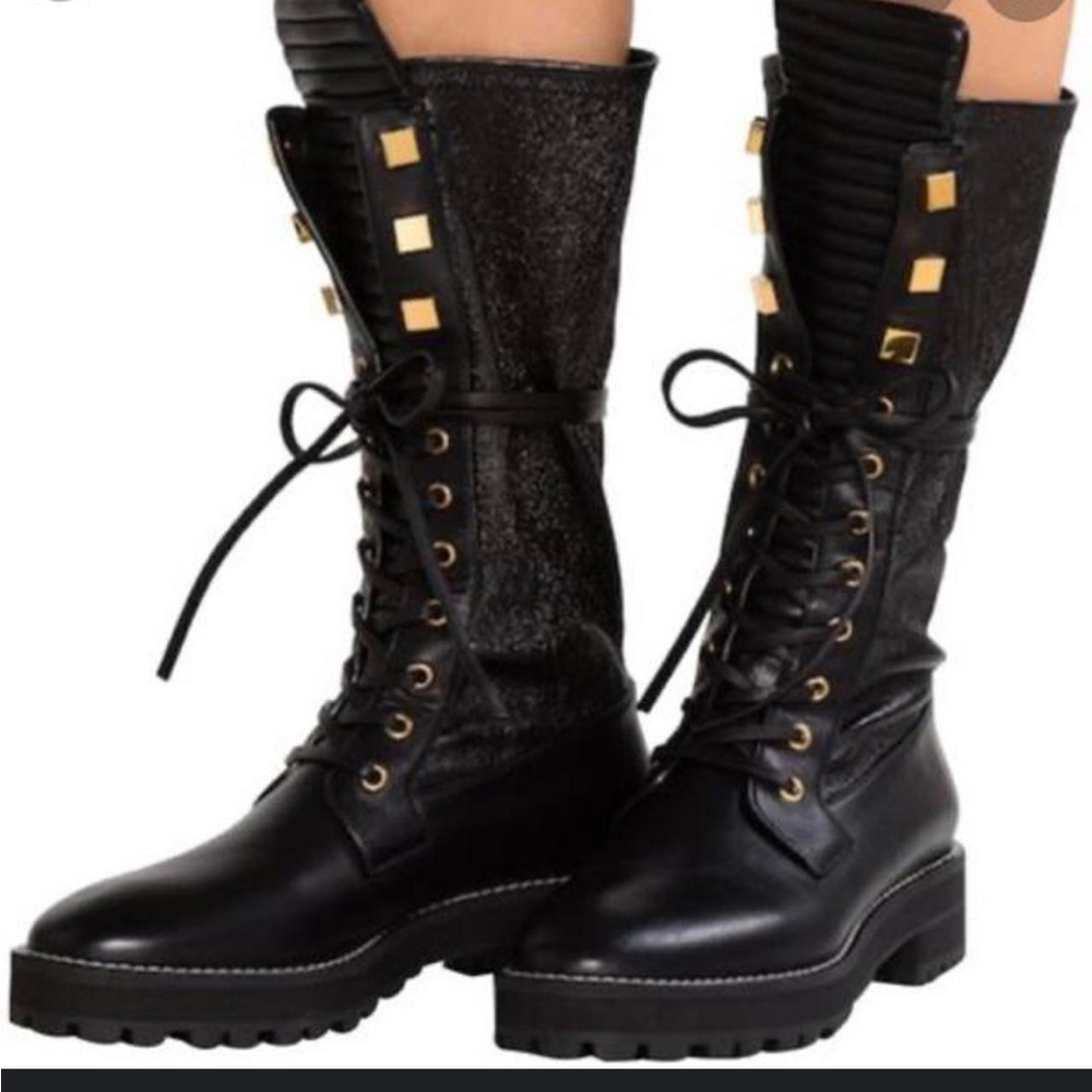 Stuart Weitzman Black Lace Up Boots with gold buttons